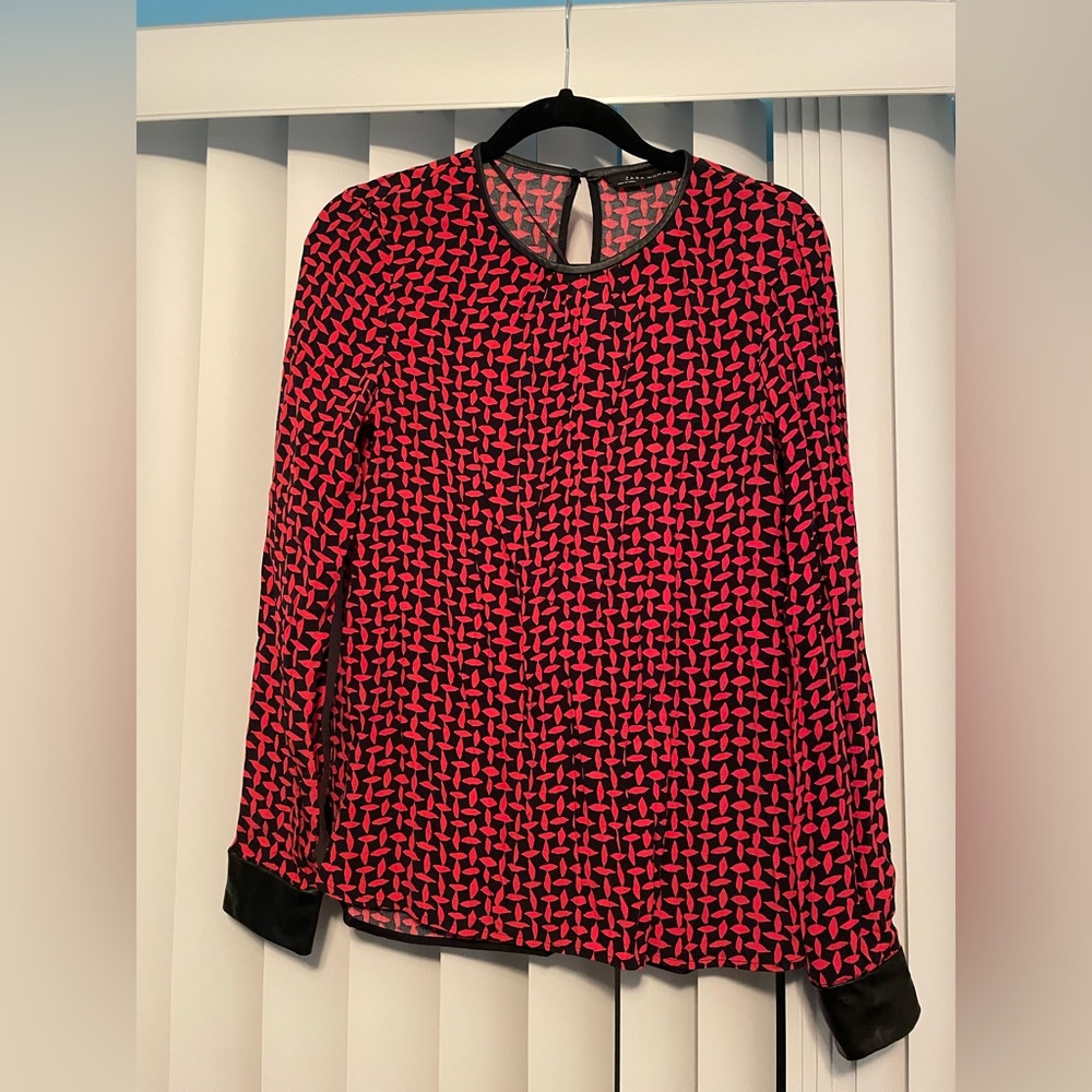 Zara blouse size small with leather cuff and neck detail, button tie closure.